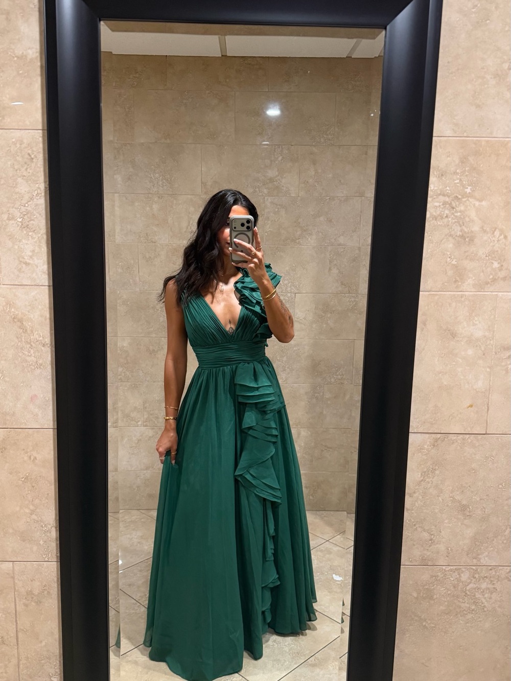 Xscape Emerald Green One-Shoulder Ruffle Evening Gown - Picture 2 of 6
